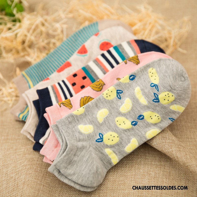 Chaussette Basse Femme 100% Coton Le Nouveau Rayé Dame Fruit Chaussette Basse Coupée Gris
