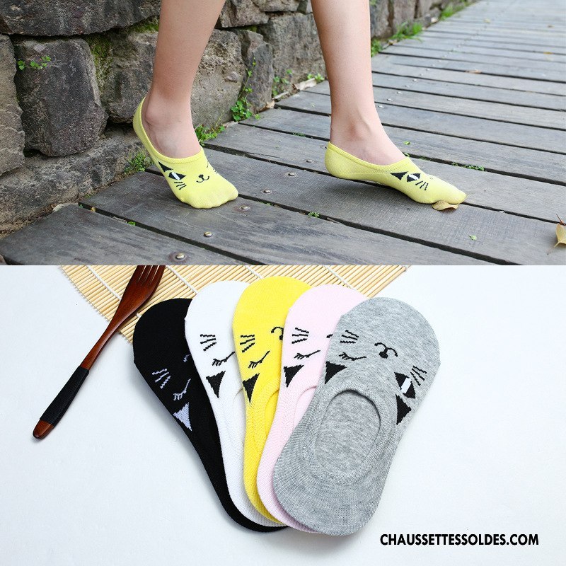 Chaussette Basse Femme Antidérapant Chat Dame Dessin Animé Invisible Silicone Jaune
