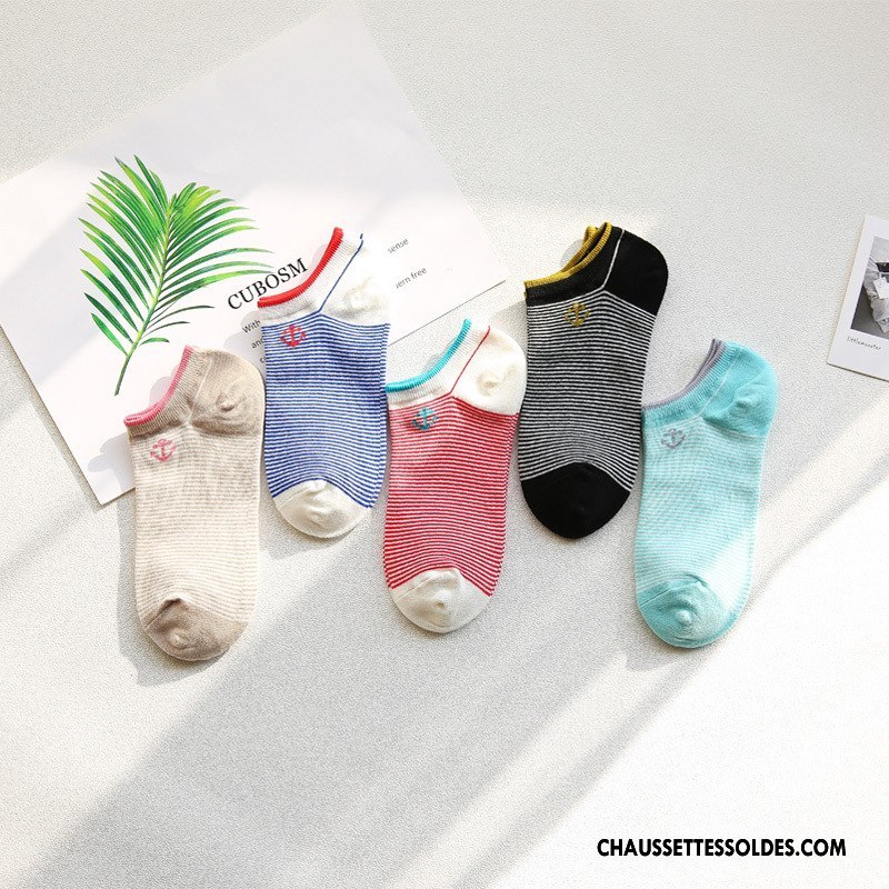 Chaussette Basse Femme Casual Invisible Chaussette Basse Coupée Rayé Chaussettes En Coton Dame Rouge Clair