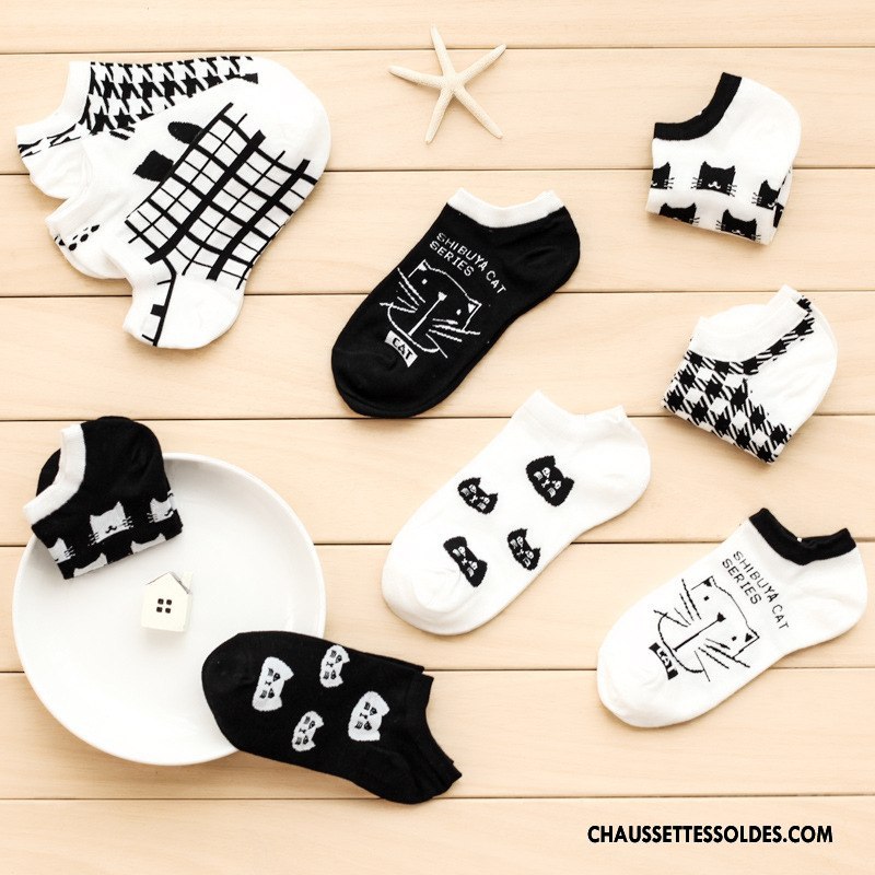 Chaussette Basse Femme Chat Dessin Animé Chaussette Basse Coupée Été Dame Printemps Blanc Noir