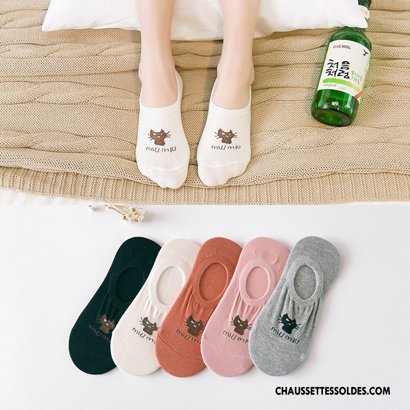 Chaussette Basse Femme Invisible Antidérapant 100% Coton Chat Beige Chaussette Courte Pure Blanc Clair