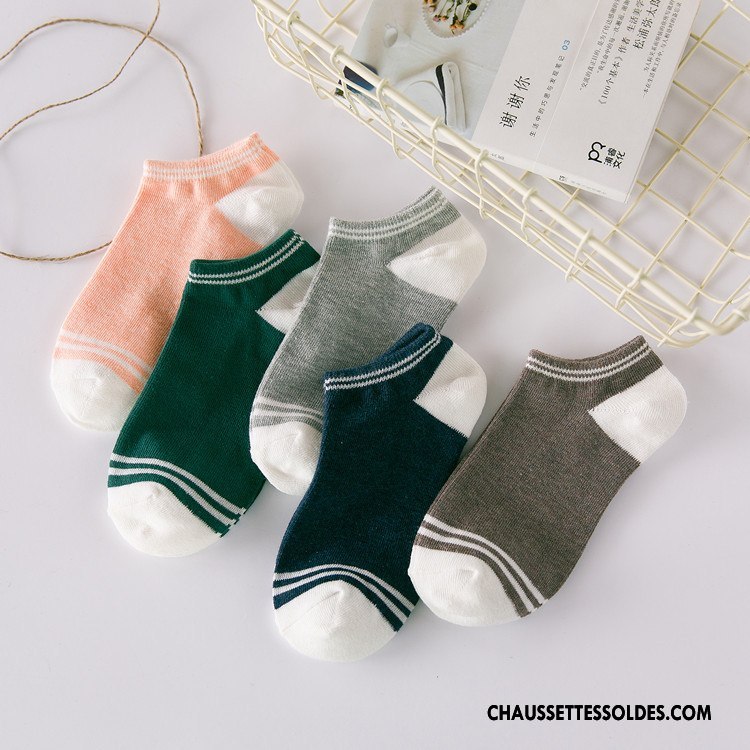 Chaussette Basse Femme Le Nouveau Printemps Chaussette Basse Coupée Chaussette Courte 100% Coton Rayé Bleu