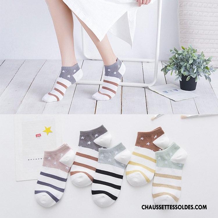 Chaussette Basse Femme Rayé Étoile Le Nouveau 100% Coton Chaussette Basse Coupée Printemps Blanc