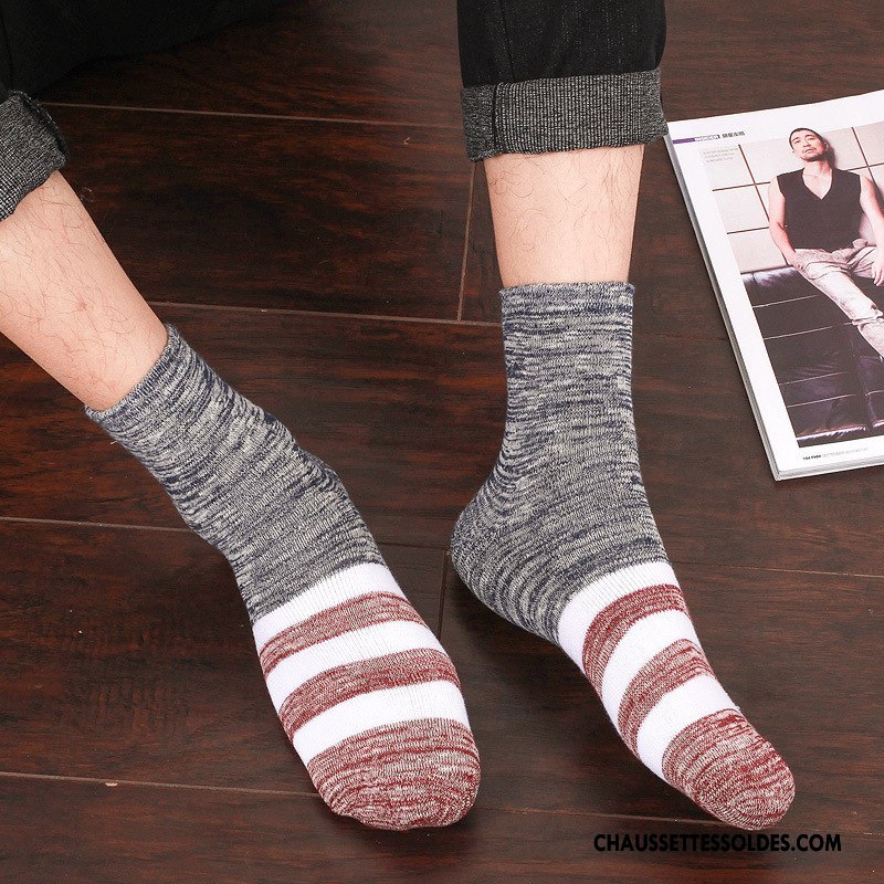 Chaussette Basse Homme Casual Hiver L'automne 100% Coton Plus De Velours Rayé Gris