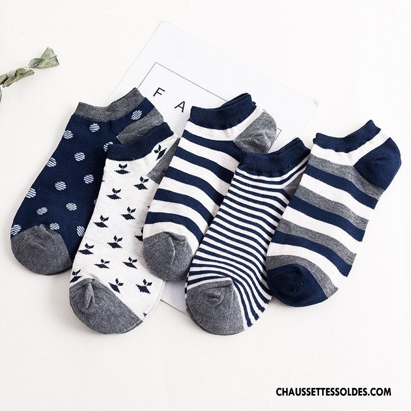 Chaussette Basse Homme Coton Bio Chaussette Basse Coupée Chaussette Courte Été Printemps Rayé Bleu Clair