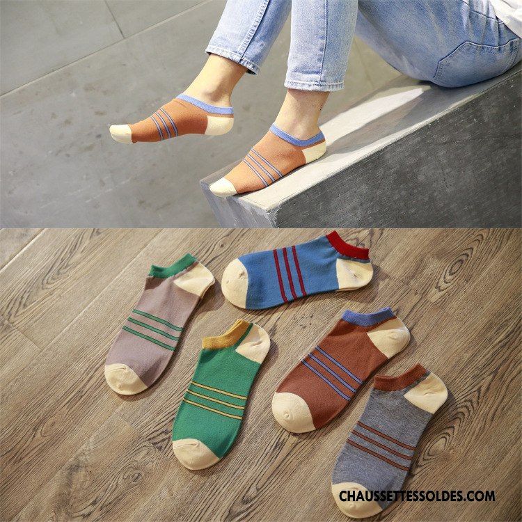 Chaussette Basse Homme Été Chaussette Basse Coupée Orange Rayé Chaussette Courte Épissure Clair
