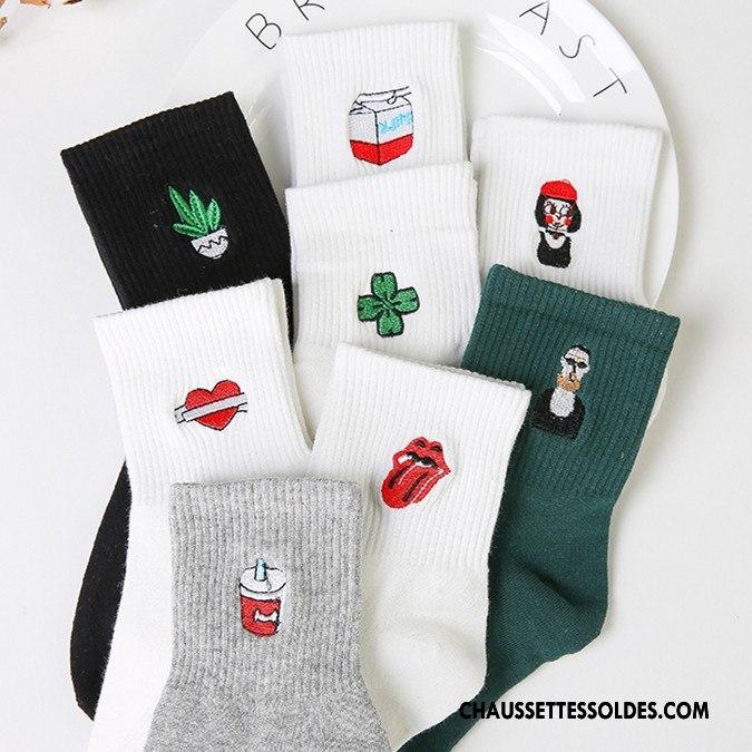 Chaussettes Courtes Femme 100% Coton Art Mouvement Amour Brodé Dame Rose Blanc