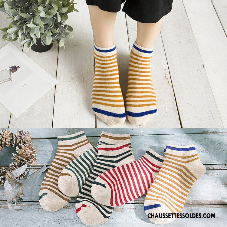Chaussettes Courtes Femme 100% Coton Personnalité Rayé Dame Chaussette Basse Coupée Jaune