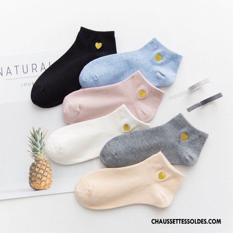 Chaussettes Courtes Femme Brodé Printemps Chaussette Courte Dame 100% Coton Chaussette Basse Coupée Rose