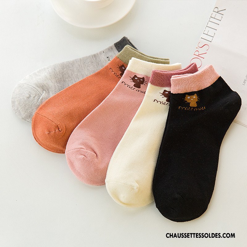 Chaussettes Courtes Femme Chaussette Basse Coupée 100% Coton Chat Tendance L'automne Dame Pure Noir