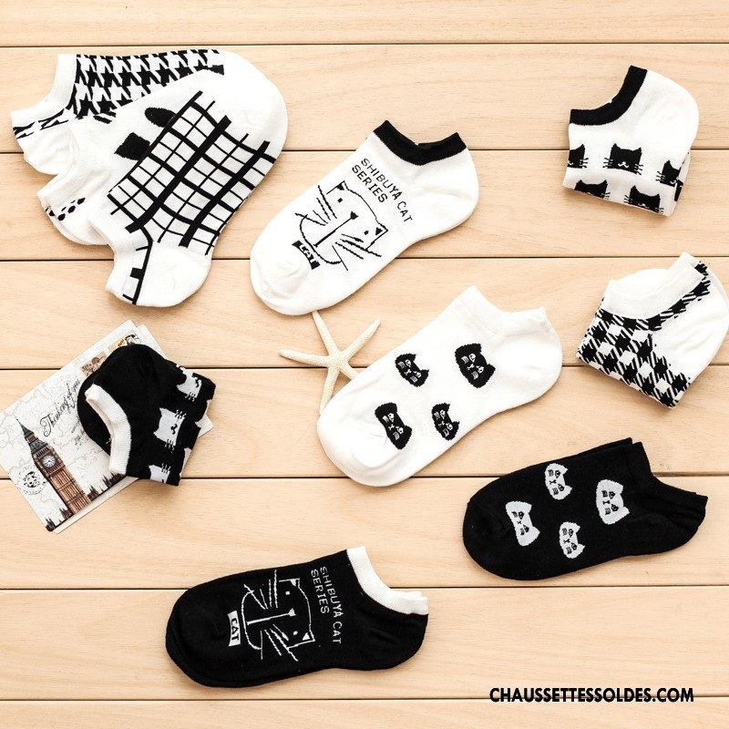 Chaussettes Courtes Femme Dame L'automne Chaussette Basse Coupée 100% Coton Chat Été Blanc Noir
