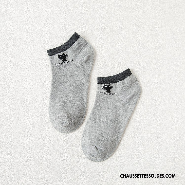 Chaussettes Courtes Femme Dessin Animé Petit Chat 100% Coton Basse Respirant Gris