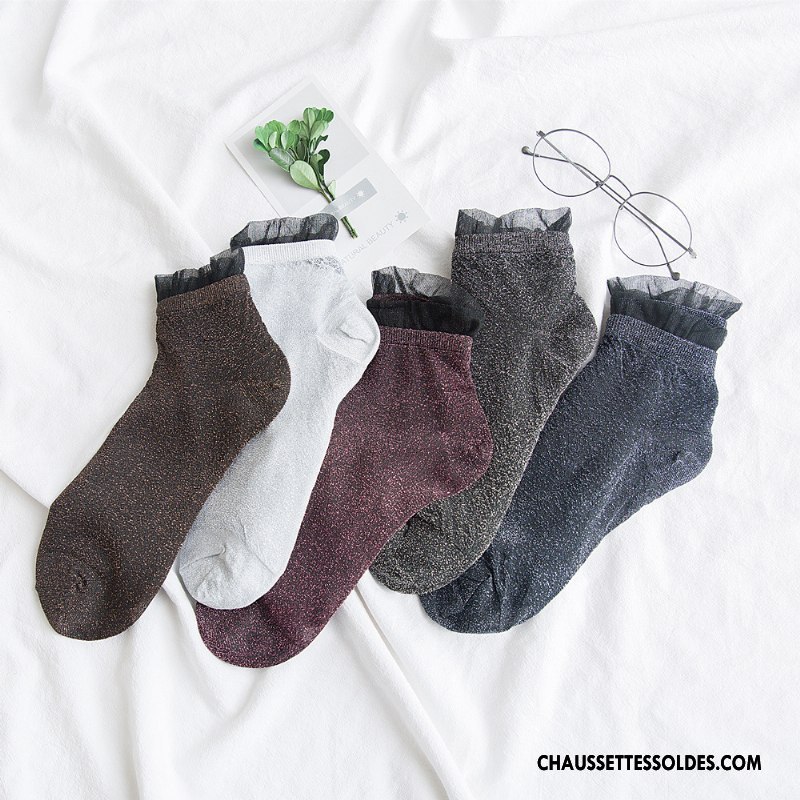 Chaussettes Courtes Femme Nouvelles Arrivées Dentelle Milieu Transparent Bulle Légère Noir Or