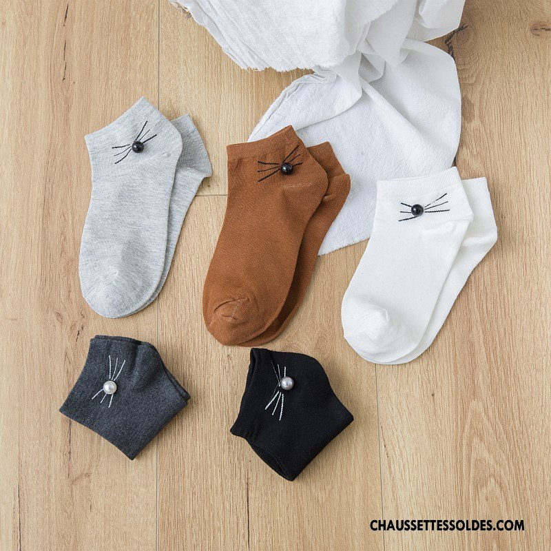 Chaussettes Courtes Femme Perle Chat Chaussette Basse Coupée Printemps Casual Accessoires Blanc