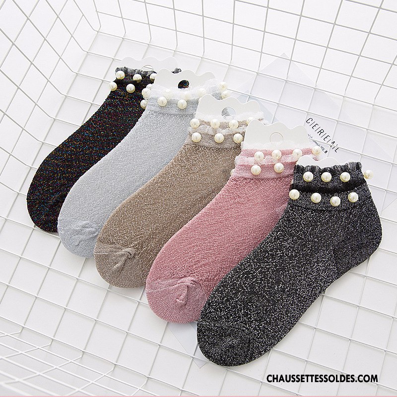 Chaussettes Courtes Femme Été Chaussette Courte Manuel Légère Mode Rivet Noir Argent Clair