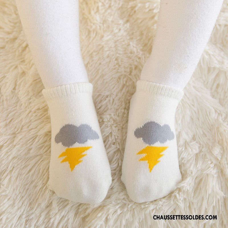 Chaussettes Courtes Garçon Dessin Animé Absorber La Sueur Rayé Coton Bio Bébé Enfant Blanc