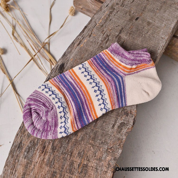 Chaussettes Courtes Homme Camouflage Rayé Rétro Chaussette Basse Coupée Style National Art Couleur De Contraste Violet