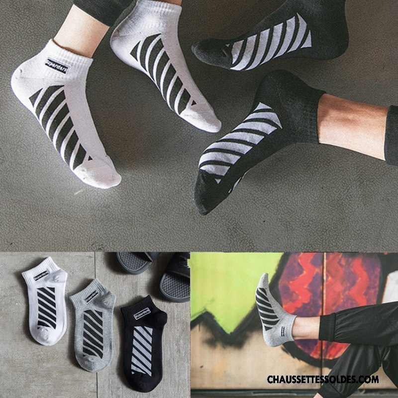Chaussettes Courtes Homme Chaussette Basse Coupée Rayé Anti-odeur 100% Coton Toutes Les Saisons Brodé Blanc Noir