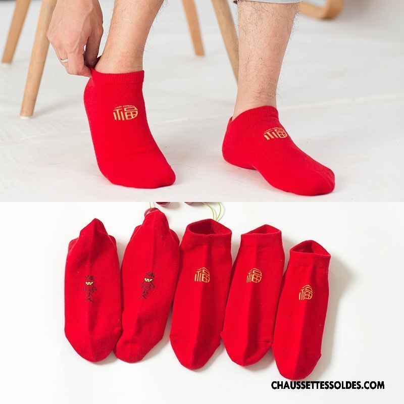 Chaussettes Courtes Homme L'automne Hiver Lovers Chaussettes En Coton Brodé Petit Rouge