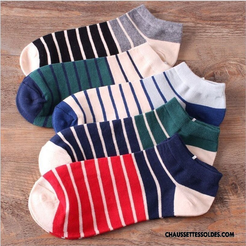 Chaussettes Courtes Homme Été Rayé Invisible Printemps Chaussette Basse Coupée 100% Coton Rouge Clair