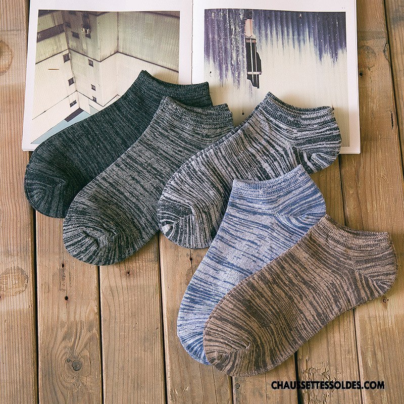 Chaussettes Courtes Homme Été Rétro 100% Coton Tendance Printemps Rayé Gris