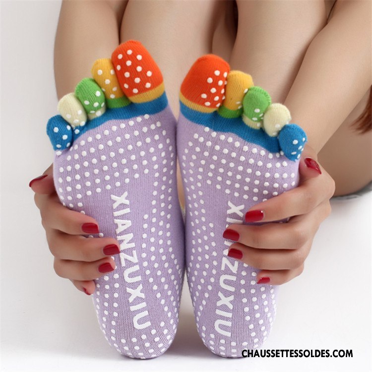 Chaussettes De Yoga Femme Antidérapant Cinq Doigts Réseau Clair Chaussettes En Coton Dame Violet