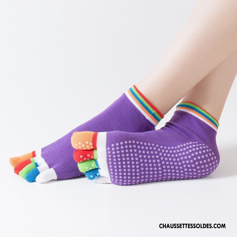 Chaussettes De Yoga Femme Massage Coton Bio Mouvement Antidérapant Dame Ouverture Du Pied Violet