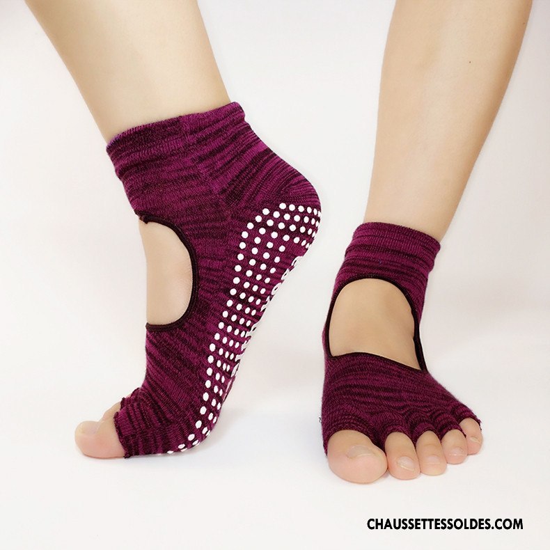 Chaussettes De Yoga Femme Mouvement Antidérapant Dos Nu Chaussettes En Coton Demi-doigt Cinq Doigts Bordeaux