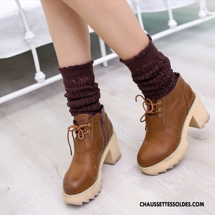 Chaussettes Longues Femme 100% Coton Creux Guipure Milieu Mode Marron / Brun