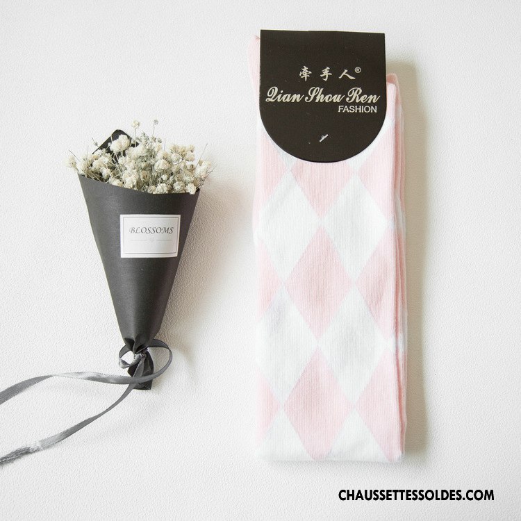 Chaussettes Longues Femme Chaussettes En Coton Printemps Nouvelles Arrivées 100% Coton Mode Losange Rose