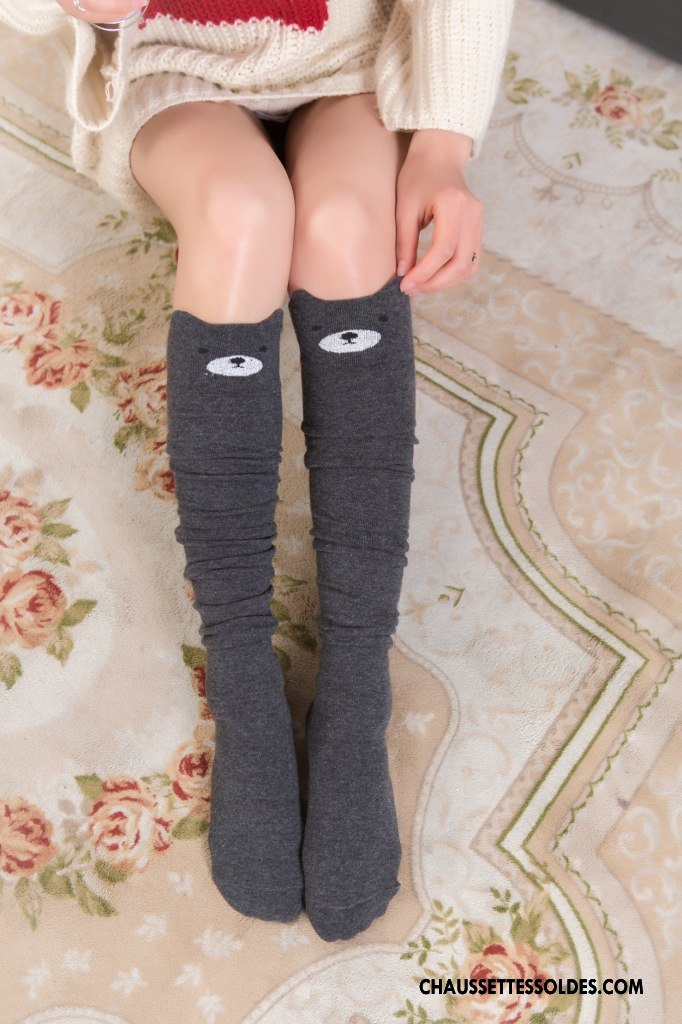 Chaussettes Longues Femme Coton Bio Charmant Élève Haute Gros Mince Gris Foncé