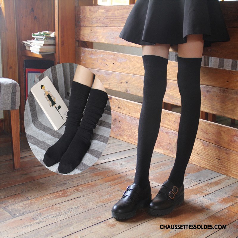 Chaussettes Longues Femme Coton Bio Vent D'université L'automne Haute Mince Hiver Pure Noir
