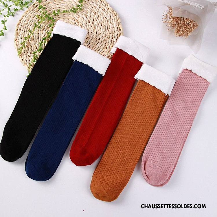 Chaussettes Longues Femme Dame Le Nouveau L'automne 100% Coton Long Stock Dentelle Rose Pure