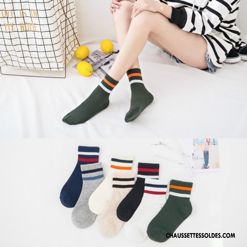 Chaussettes Longues Femme Dame Rayé Hiver L'automne Milieu Chaussettes En Coton Vert Foncé Coloré