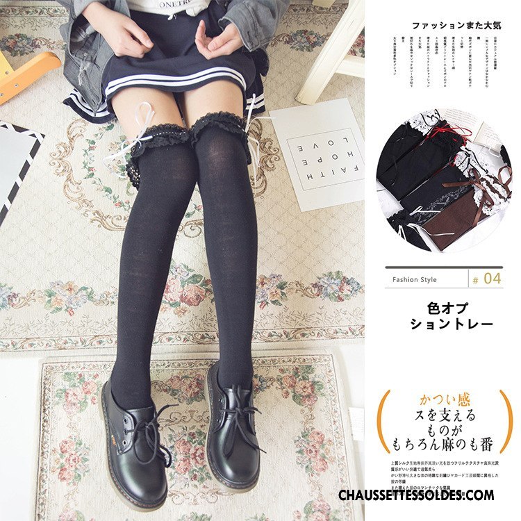 Chaussettes Longues Femme Fille Charme Dentelle Long Stock Haute Campus Vent Noir