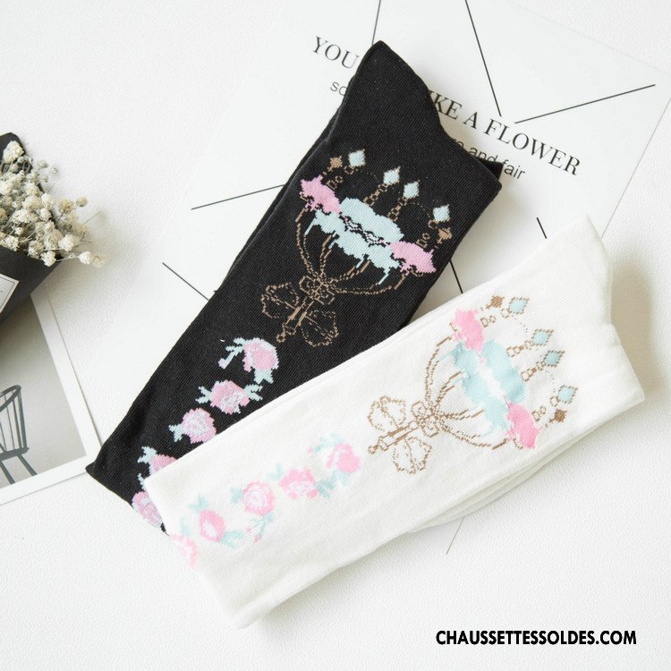 Chaussettes Longues Femme Floral Marque Mode Long Stock 100% Coton Printemps Blanc