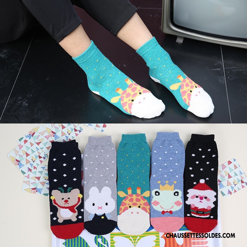 Chaussettes Longues Femme Hiver Charmant Lapin Cerf Dessin Animé Thermiques Bleu
