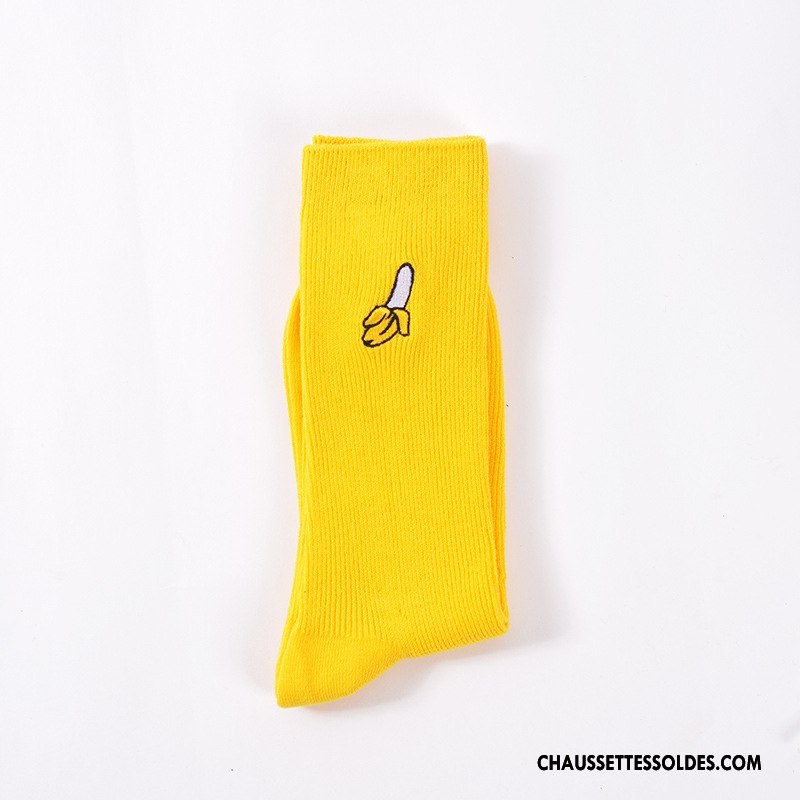 Chaussettes Longues Femme L'automne Brodé Coton Bio Hiver Rétro Long Stock Jaune