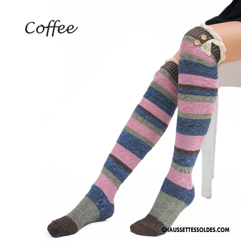 Chaussettes Longues Femme L'automne Rayé 100% Coton Dentelle Le Nouveau Hiver Coloré