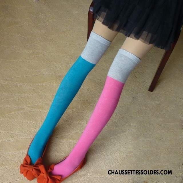 Chaussettes Longues Femme Mode En Maille Fille Rayé Couleurs De Bonbons Bleu