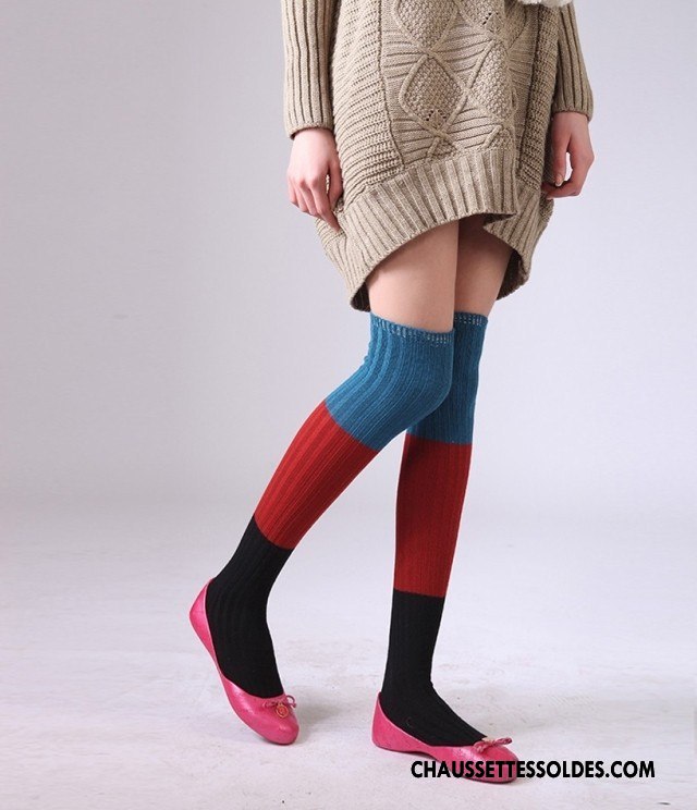 Chaussettes Longues Femme Renforcé Mince Haute Hiver Rayé Mode Coloré Bleu