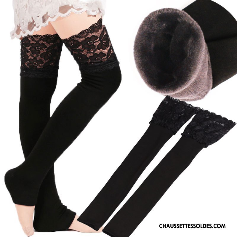Chaussettes Longues Femme Vente Chaude Dentelle Plus De Velours Renforcé Long Stock L'automne Noir