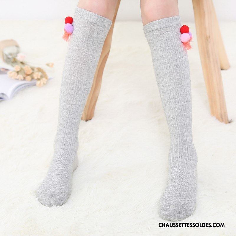Chaussettes Longues Fille Anti-odeur 100% Coton Printemps Haute Frange Houppe Enfant Gris