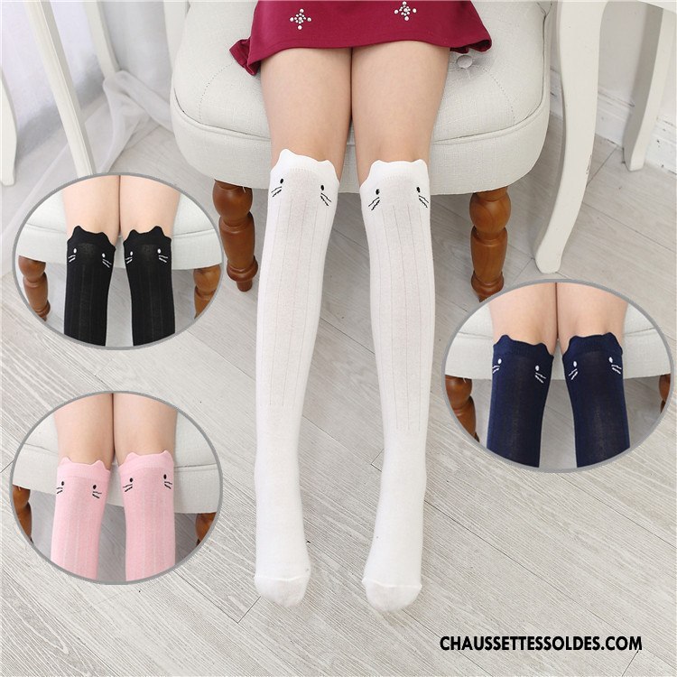 Chaussettes Longues Fille Coton Bio Chat Gros Printemps Enfant Milieu Blanc