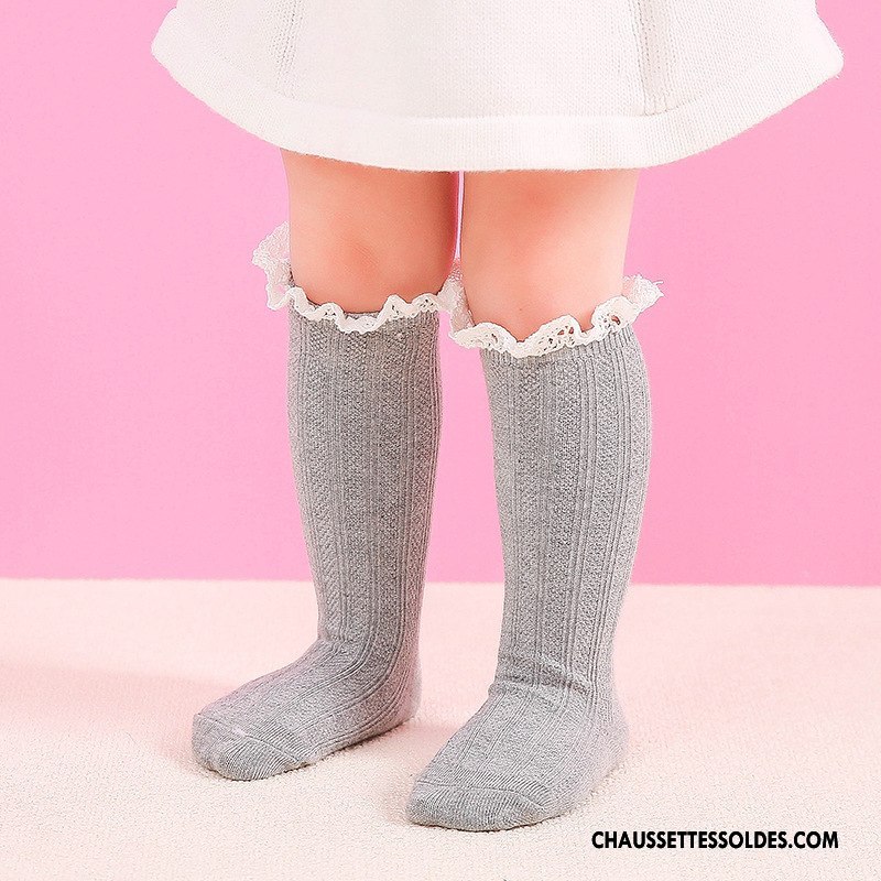 Chaussettes Longues Fille Dentelle Bébé 100% Coton Milieu Enfant Pure Gris
