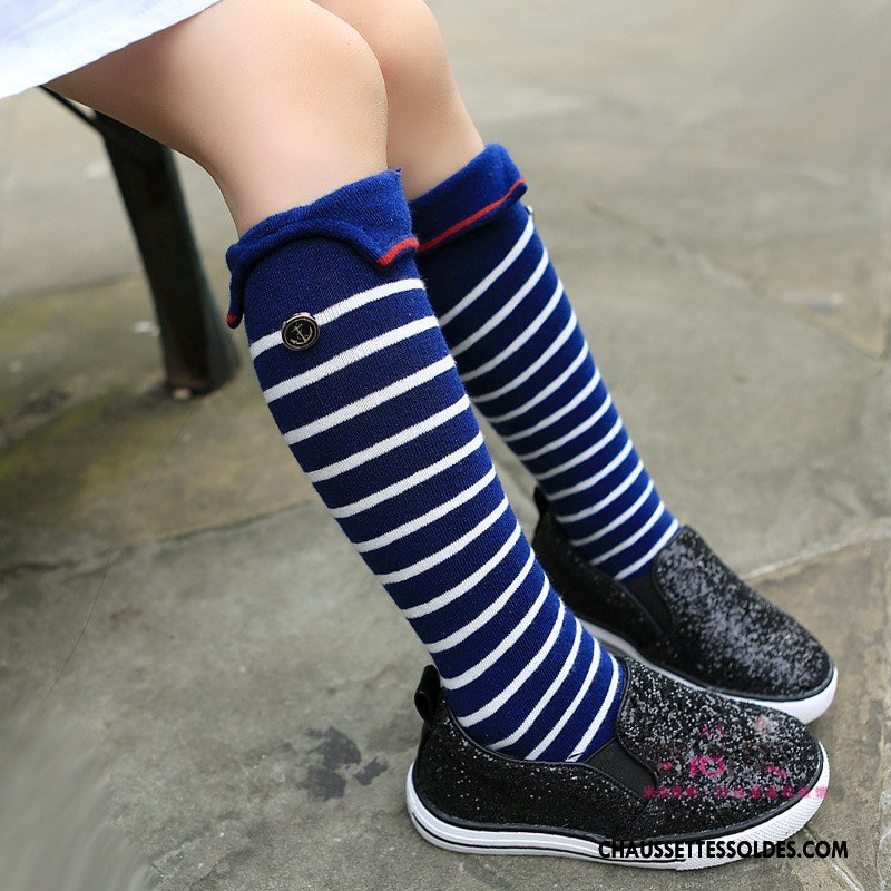 Chaussettes Longues Fille En Maille Flambage Rayé Le Nouveau Milieu Gros Bleu