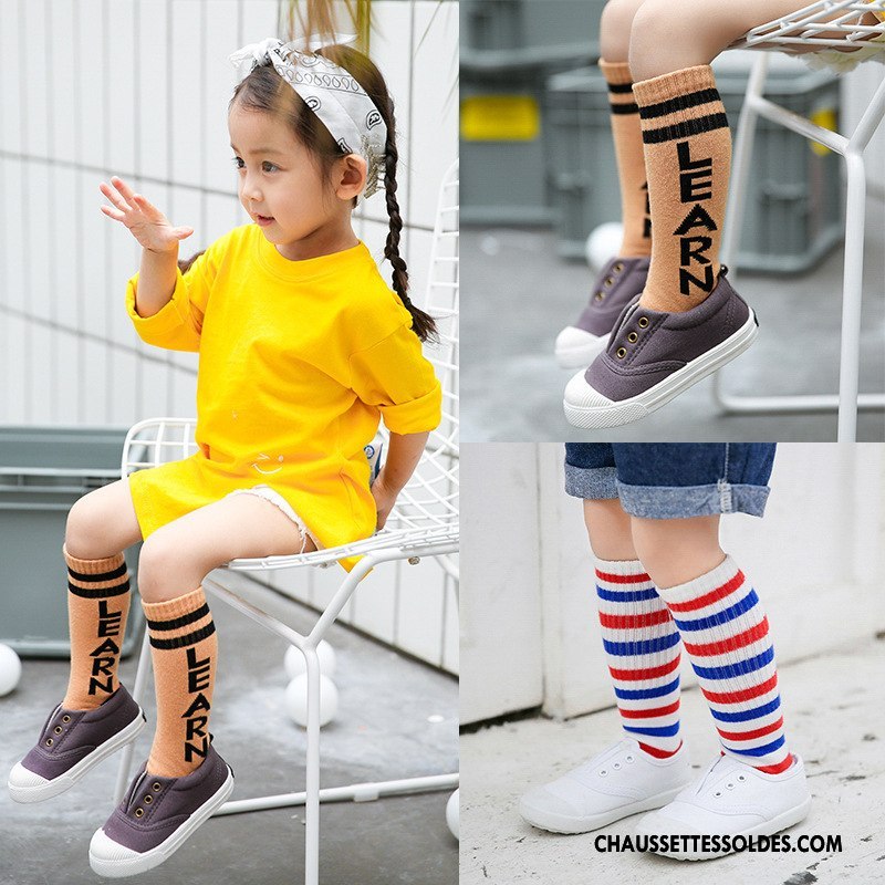 Chaussettes Longues Fille Enfant Chaussettes En Coton Matelassé L'automne Rayé Milieu Orange