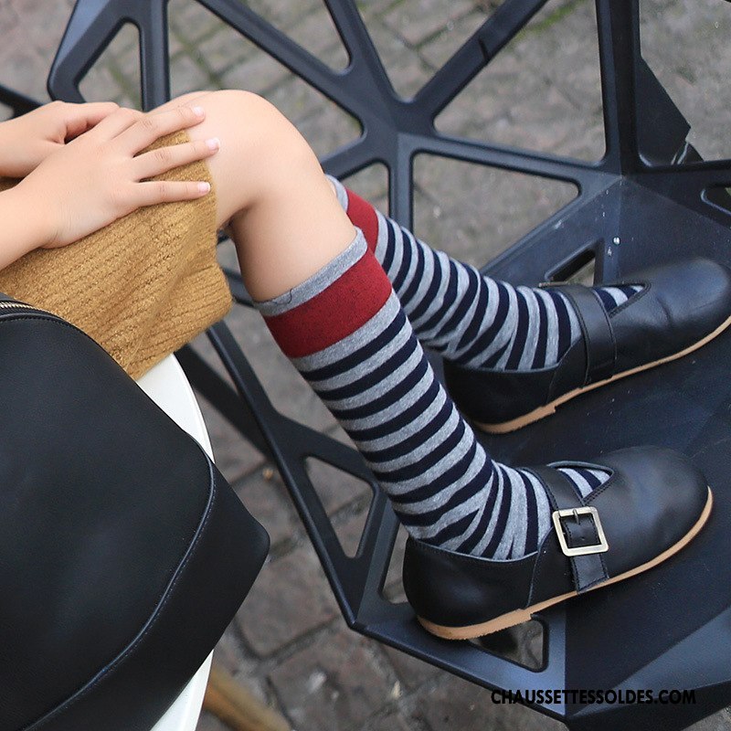 Chaussettes Longues Fille Enfant En Maille Printemps Gros Rayé Milieu Couleur De Contraste Gris
