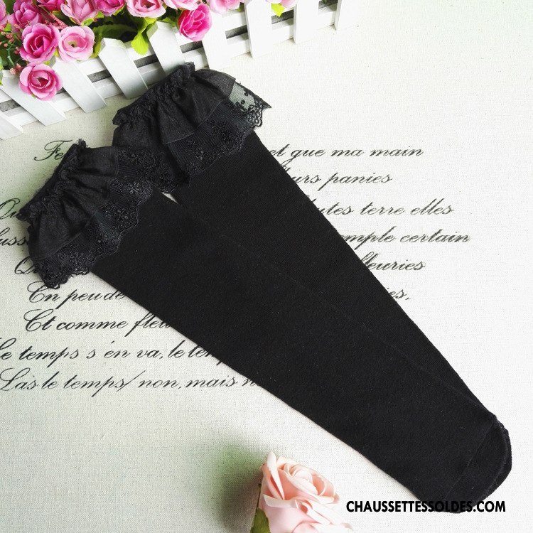 Chaussettes Longues Fille Haute Nouvelles Arrivées 100% Coton Dentelle Enfant Tous Les Assortis Pure Noir