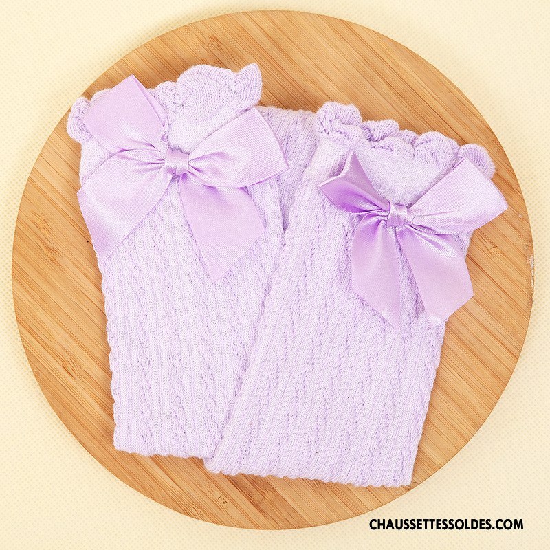 Chaussettes Longues Fille Matelassé Dentelle Fleurs Enfant Papillon Doux Violet